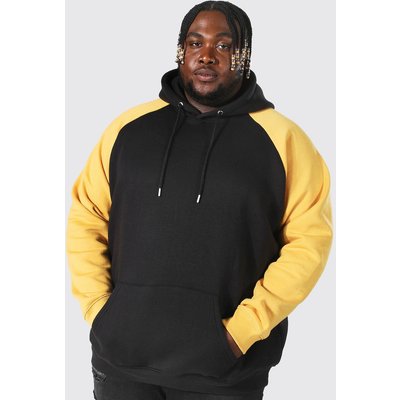 Mens Yellow Plus Size Raglan Colour Block Hoodie, Yellow