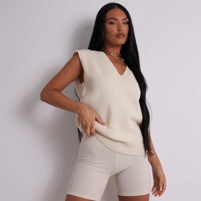 V-Neck Knitted West Top In Cream Nude UK, Nude