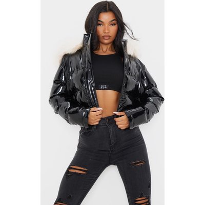 Black Vinyl Cropped Faux Fur Hooded Puffer