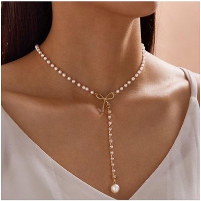 Gold Bowknot Detail Pearl Design Necklace