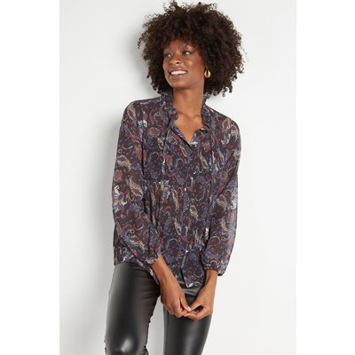 Black Print Pleated Tie Neck Blouse