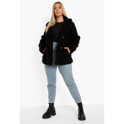 Womens Plus Double Breasted Faux Fur Teddy Coat - Black - 20, Black