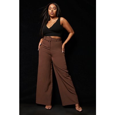 Womens Plus Belted Tailored Wide Leg Suit Trousers - Brown - 28, Brown