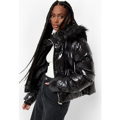 Womens Crop Faux Fur Trim High Shine Puffer - Black - 12, Black