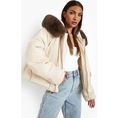 Womens Faux Fur Hooded Bomber Jacket - White - 12, White