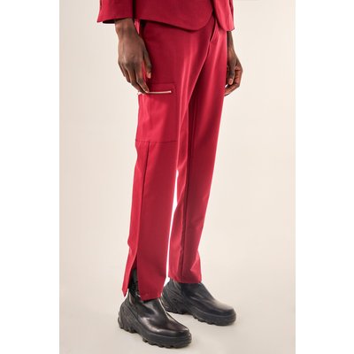 Mens Red Skinny Zip Chain Suit Trousers, Red