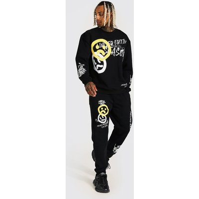 Mens Black Oversized Limited Graffiti jumper Tracksuit, Black