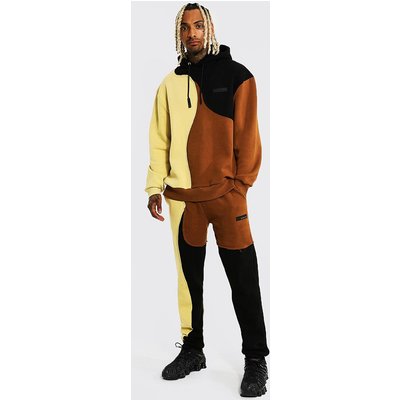 Mens Brown Oversized Colour Block Hooded Tracksuit, Brown