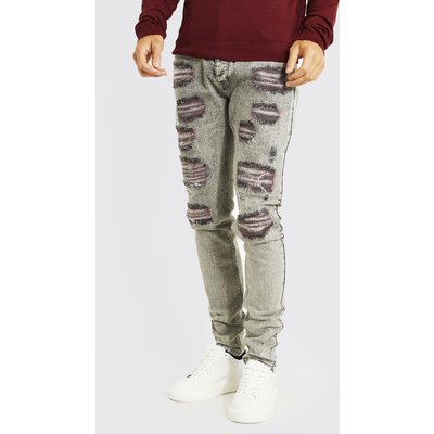 Mens Grey Tall Skinny Stretch Rip & Repair Jeans, Grey