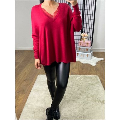 Tallina Lace V-neck Detailed Oversized Super Soft Knitted Jumper  - Red