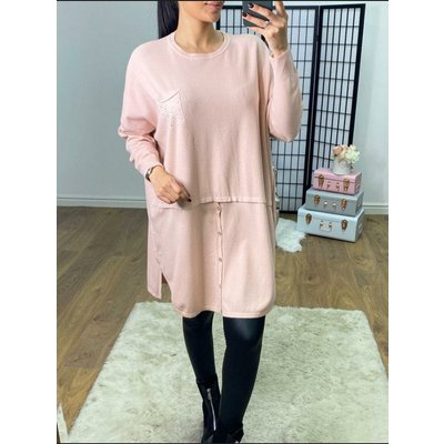 Togan Oversized Diamante Pocket Button Detailed Knit Jumper - Baby Pink