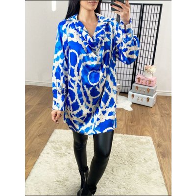 Harlen Silky Giraffe Printed Cowel Neck Loose Fit Blouse  - Royal Blue