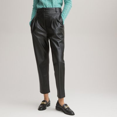 Faux Leather Cigarette Trousers with Pleat Front, Length 25"