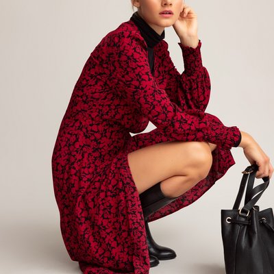 Floral Print Wrapover Dress with Long Puff Sleeves