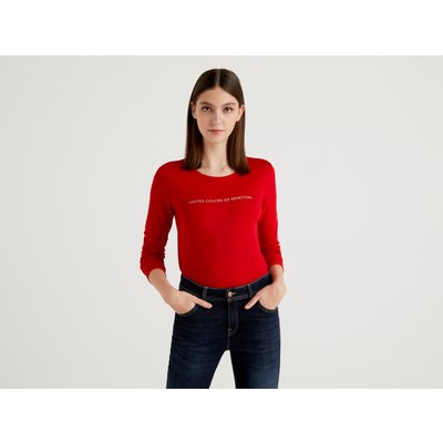 Benetton, Long Sleeve Red T-shirt In 100% Cotton, size S, Red, Women