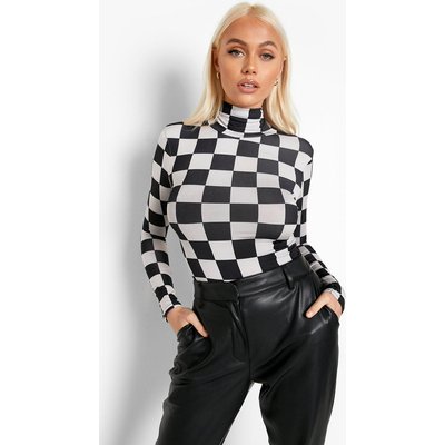 Womens Roll Neck Checkerboard Bodysuit - Black - 12, Black