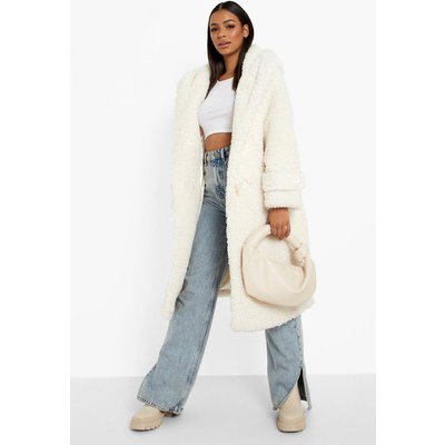 Womens Oversized Toggle Borg Hooded Coat - White - 8, White