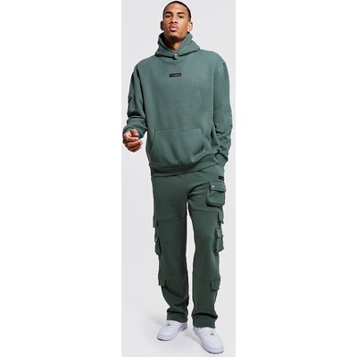 Mens Green Tall Oversized Cargo Hooded Tracksuit, Green