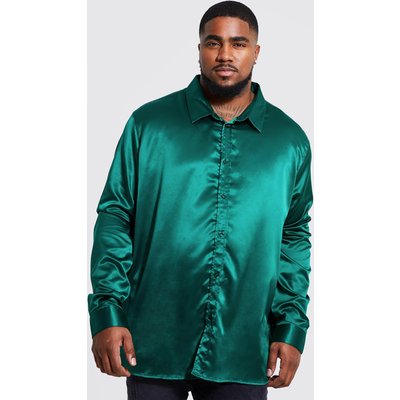 Mens Green Plus Long Sleeve Satin Slim Fit Shirt, Green