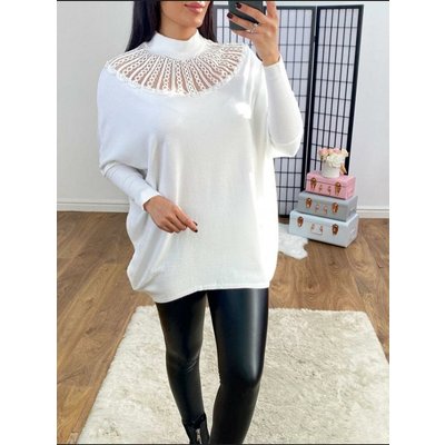 Aveka Mesh Pearl Detailed Batwing Super Soft Knitted Jumper  - White