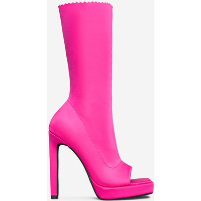 Swing Square Peep Toe Mid Calf Platform Ankle Sock Boot In Pink Lycra, Pink