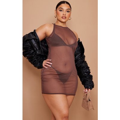 Plus Chocolate Mesh Racer Neck Bodycon