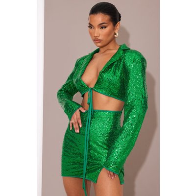 Green Sequin Cut Out Tie Waist Blazer Dress