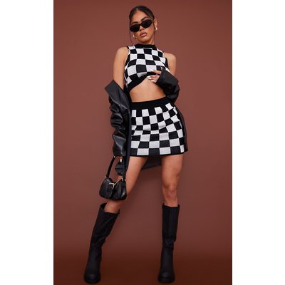 Black Checkerboard Knitted Mini Skirt