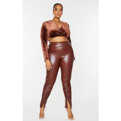 Plus Chocolate Velvet Tie Front Long Sleeve Crop Top