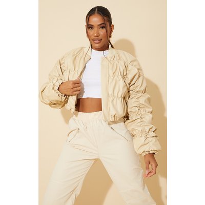 Cream Faux Leather Ruched Oversized Bomber Jacket