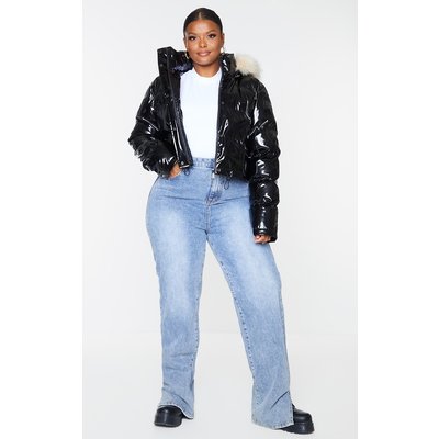 Plus Black Vinyl Cropped Faux Fur Hooded Puffer