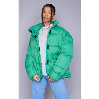 Green Padded Panel Strap Sleeve Detail Puffer