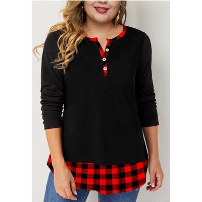 Red Plus Size Christmas Plaid Print Split Neck T Shirt