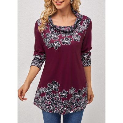 ROTITA Floral Print Magenta Cowl Neck T Shirt