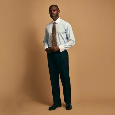 Mid Blue Micro-Check Regular Fit Shirt with White T&A Collar and Double Cuffs