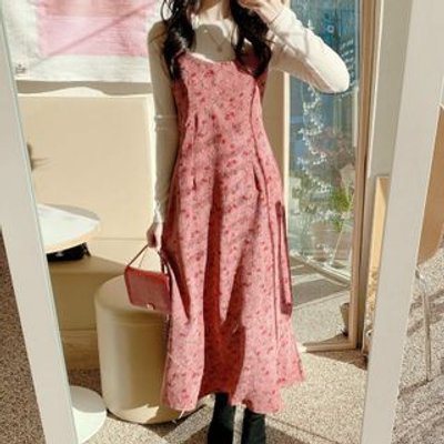 Long-Sleeve T-Shirt / Spaghetti Strap Floral Print Midi A-Line Dress