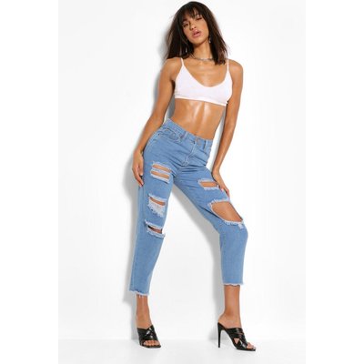 Womens Basics High Waist Super Distressed Mom Jeans - Blue - 12, Blue