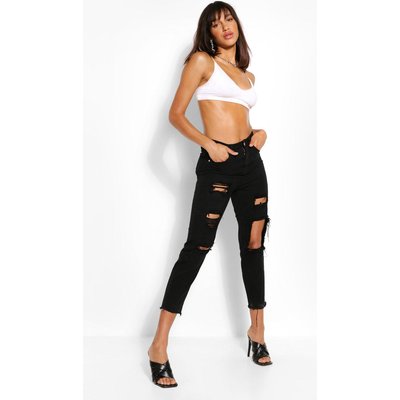 Womens Basics High Waist Super Distressed Mom Jeans - Black - 8, Black