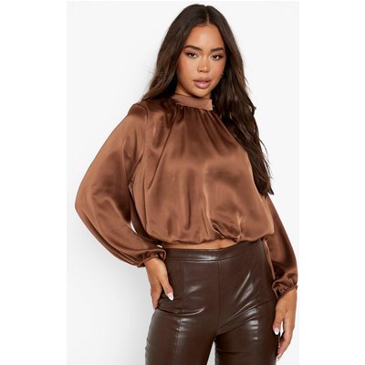 Womens High Neck Volume Sleeve Shoulder Pad Top - Brown - 10, Brown