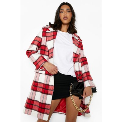 Womens Check Wool Look Coat - Red - 10, Red