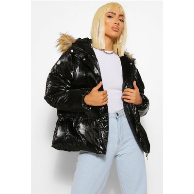 Womens High Shine Faux Fur Trim Puffer Jacket - Black - 10, Black