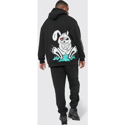 Mens Black Plus Evil Bunny Hooded Tracksuit, Black