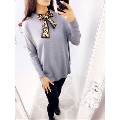 Stassie Leopard Bow Detail Oversized Jumper  - Grey