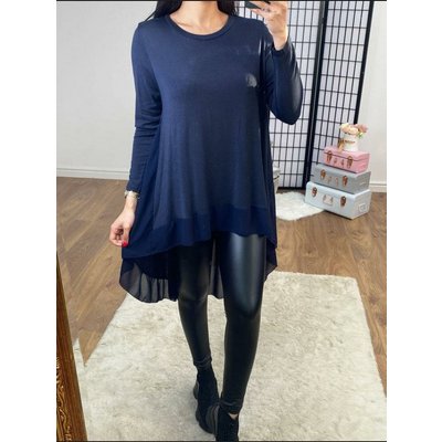 Briar Plain Chiffon Back Detailed Dipped Hem Top - Navy