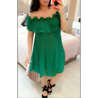 Nadya Ruffle Bardot Pleated Swing Dress - Emerald