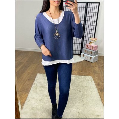 Kailani Plain Double Layer Necklace Fine Knit Jumper  - Navy