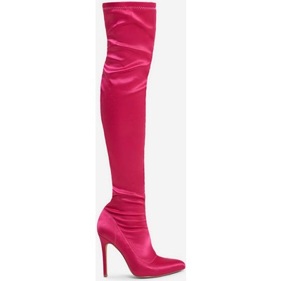 Hoola Pointed Toe Over The Knee Thigh High Long Sock Boot In Pink Satin, Pink