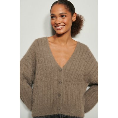 NA-KD Knitted Ribbed Fuzzy Cardigan - Brown