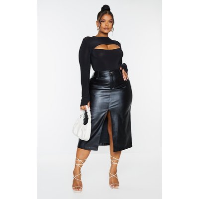 Plus Black PU Split Front Midi Skirt