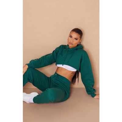 Recycled Forest Green Rib Panel Cropped Hoodie